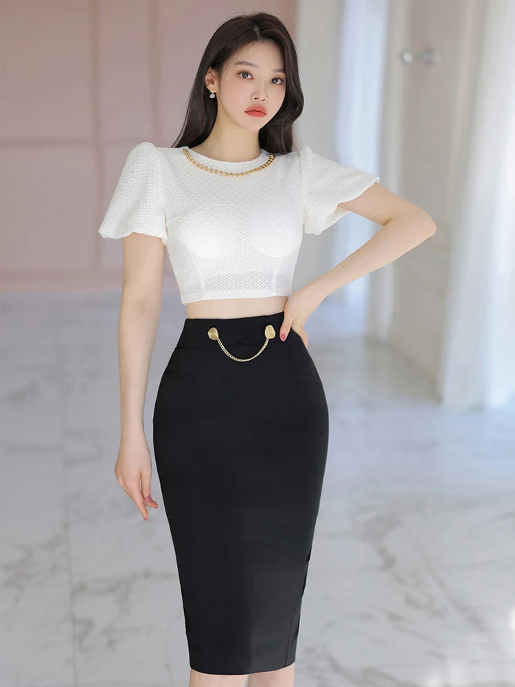 أزياء أنيقة 2 قطعة الزي المرأة الحلو العمل الأبيض المحاصيل قمم قميص بلوزة سوداء ضئيلة ميدي تنورة مجموعة فام تاريخ الشارع الملابس #1