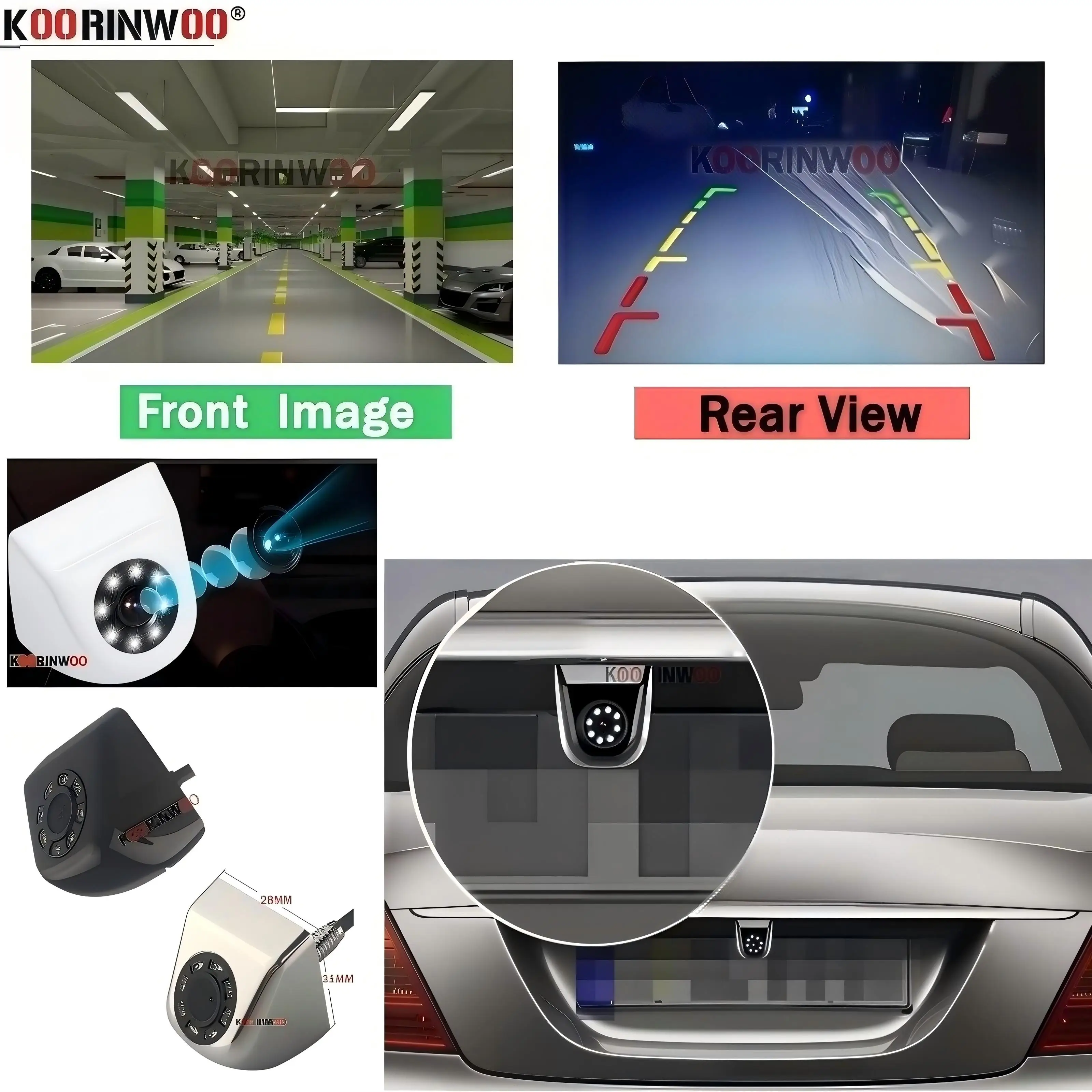 Koorinwoo Car Rear View Front Camera 8 Led Light Night Vision Video Parking System Blind Port Black White Silver Reverse Cameras