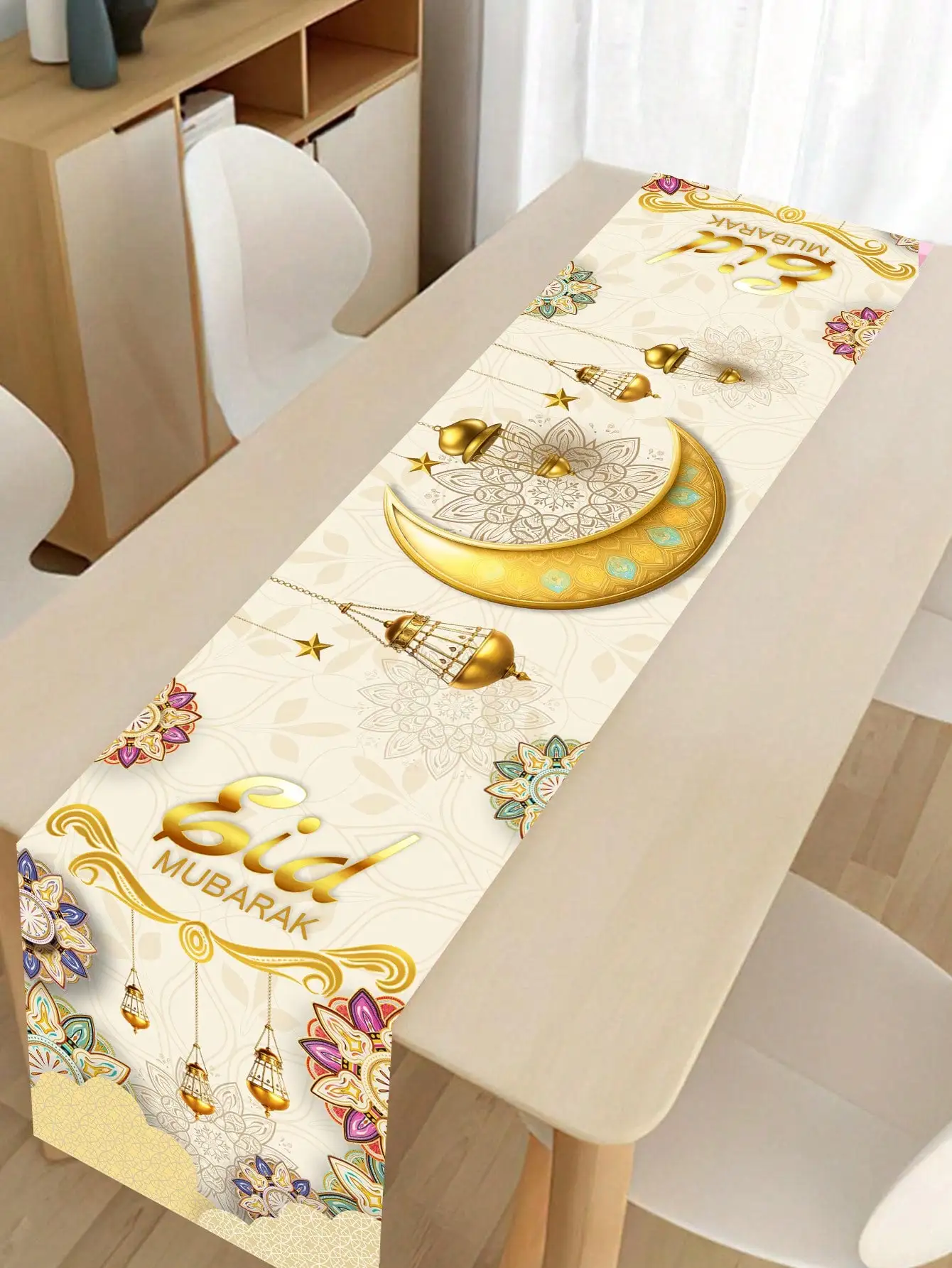 1 Stück Eid Mubarak dekorativer Tischläufer, goldbemalter Stern- und Mond-Tischläufer, muslimischer Feiertags-Party-Tischläufer, lange Tischdecke