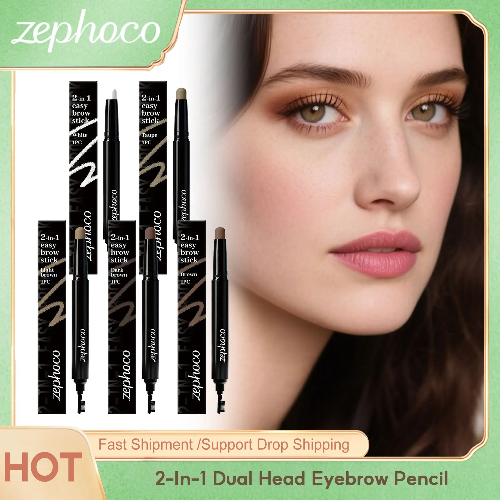 ゼフォコ 2-in-1 デュアルヘッドアイブロウペンシル 長持ちするメイクアップツール 簡単に塗れる 防水 自然な5色アイブロウペン