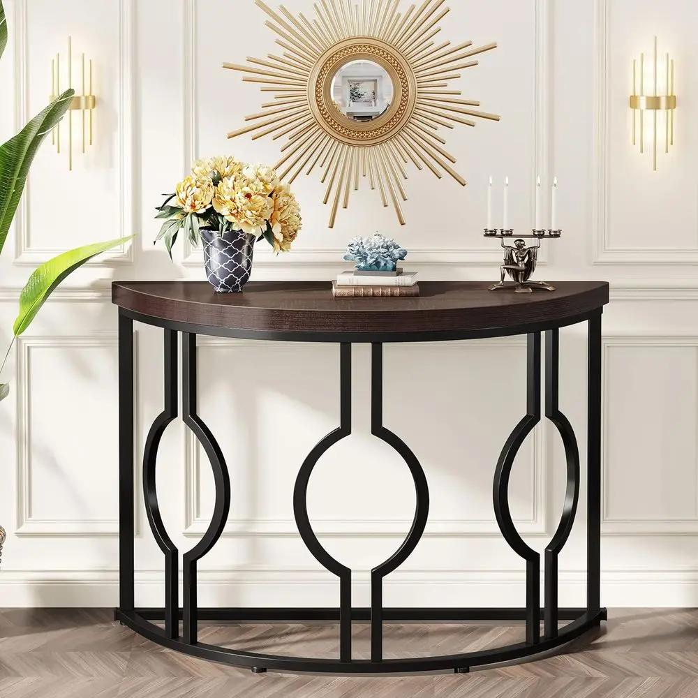 43 Rustic Brown Industrial Semi-Circle Sofa Table with Geometric Base for Entryway or Living Room