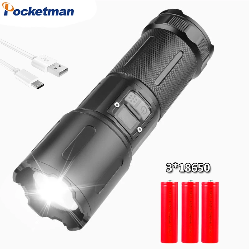 

Super Bright 30W LED+COB Flashlight USB Rechargeable Built-in 3*18650 Batteries Flashlights Waterproof Zoom Torch