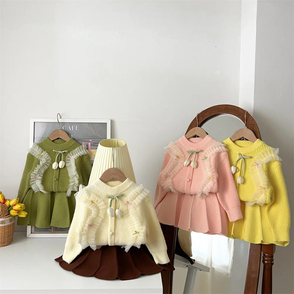 

2025 Fall Winter Kids Girls Knit Set Korean Style Lace Trim Bow Detail Sweater + Skirt Outfit Toddler Baby Cute Casual 2-8 Year