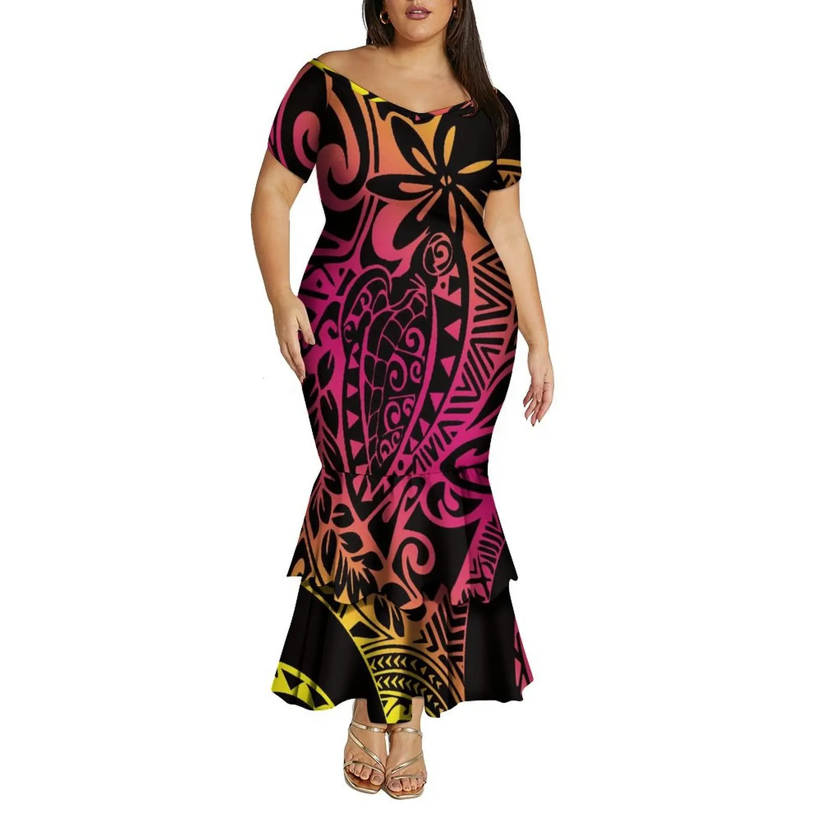 Vestido feminino de verão com decote em v, ombro de fora, camada dupla, rabo de peixe, polinésia, vestido de emagrecimento com padrão personalizado