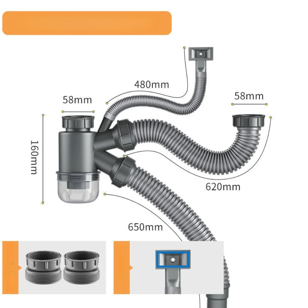 Kitchen Sink Repair Gray Double Sink Drain Robust Kitchen Waste Management Drain Space-saving Drain Kit 2 Adapters Included