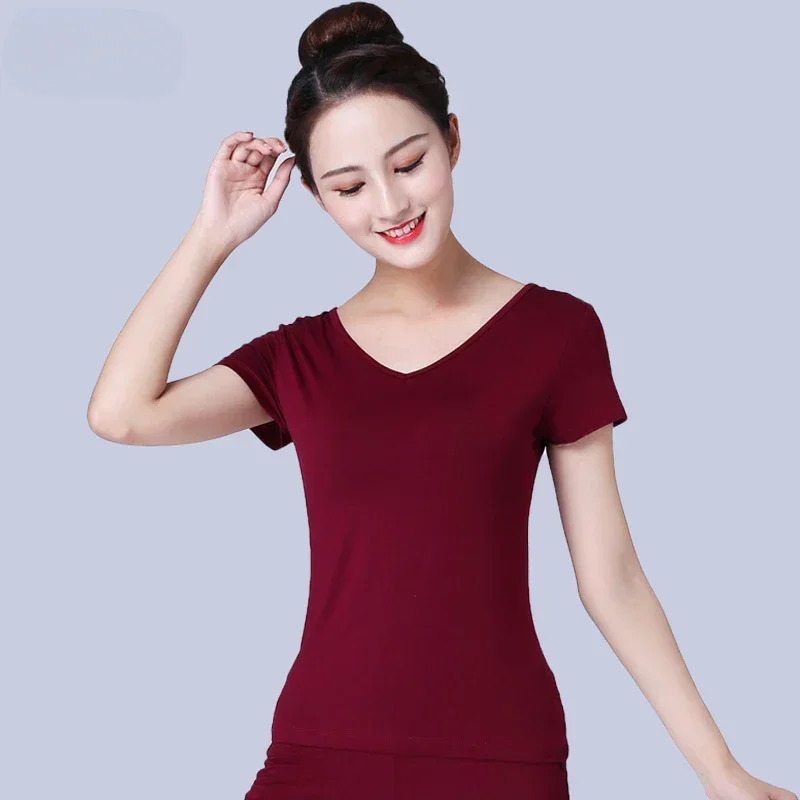 Women Dance Wear Top Latin Dance Backless Cross V-neck Short Sleeved Slim Fit Sexy National Standard Ballroom Dance Top Summer