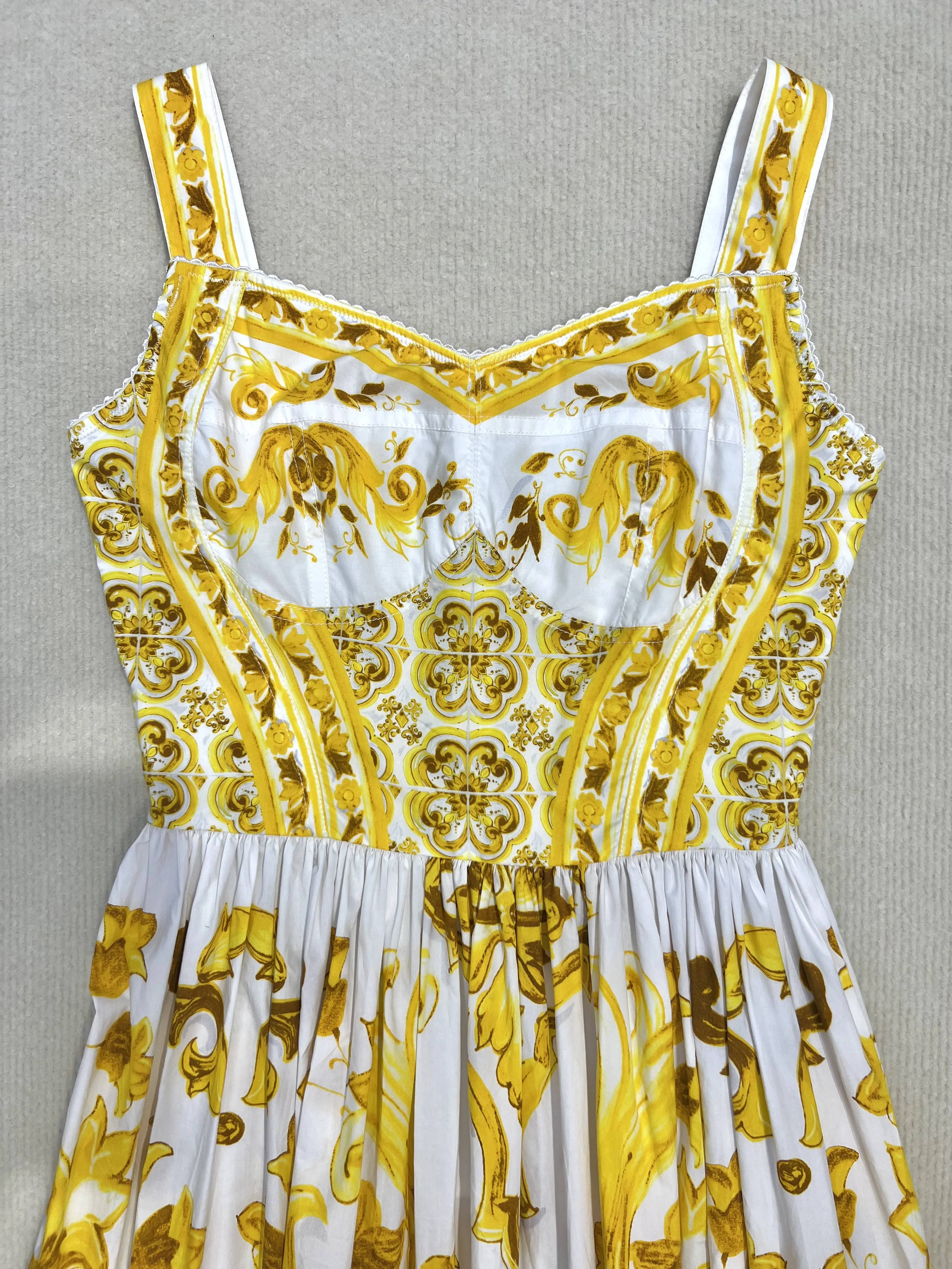 100% Cotton 2024 Summer Bohemian Women\'s Vintage Yellow Porcelain Print Luxury Dress