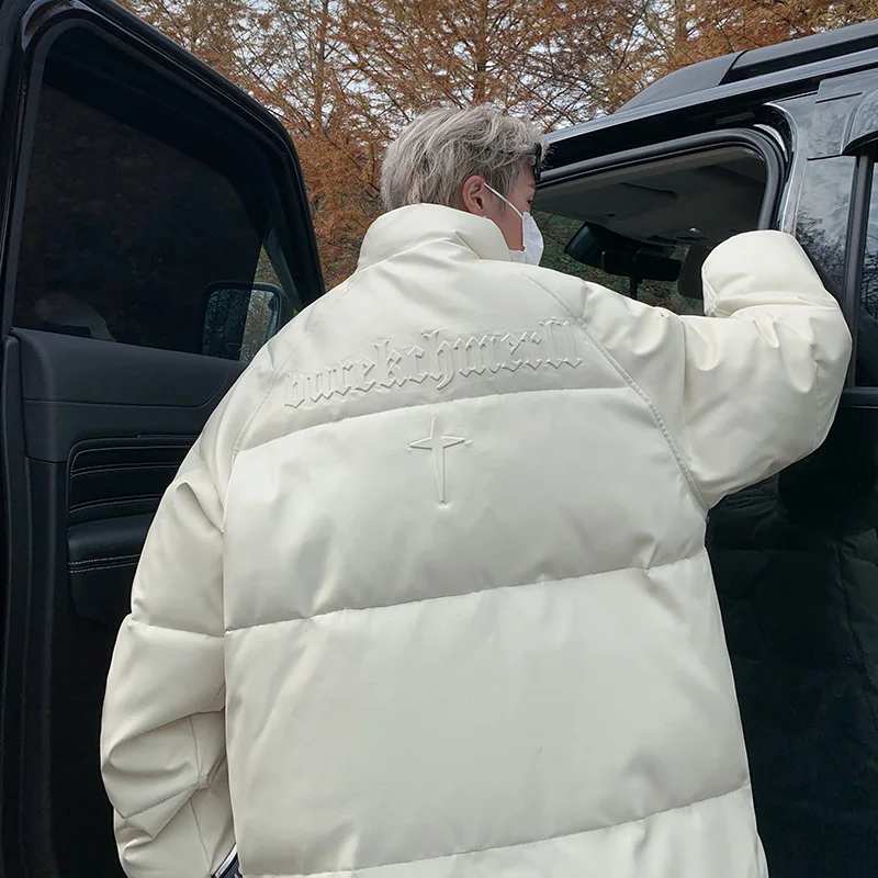 

Men's Winter Thiened Stand Collar Bread Coat PU Leather Cotton Jaet American Retro High Street Sle Youth Casual Warmth