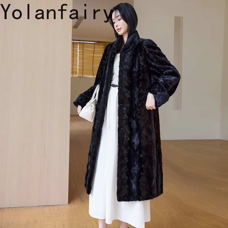 Yolanfairy casaco de pele real de vison de alta qualidade mulher inverno 25 elegante gola longa casacos de pele de vison feminino jaqueta de pele outerwears