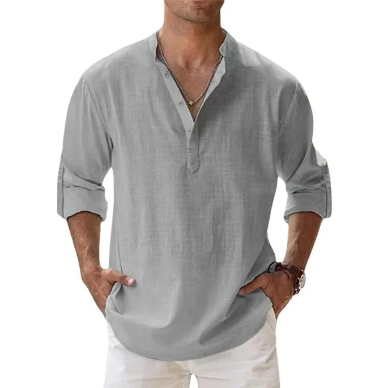 2024 New Men Casual Shirts Lightweight Long Sleeve Henley Cotton Shirts for Beach Linen Shirts Hawaiian Breathable Collar Tops