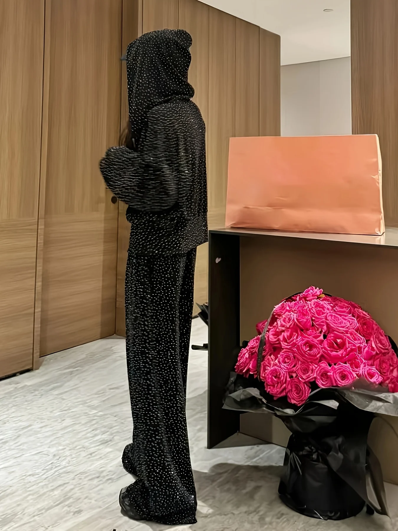 A two-piece set of high-end, shiny silk hooded sweatshirt, wide-leg pants, salt-toned, mature and fashionable casual sportswear