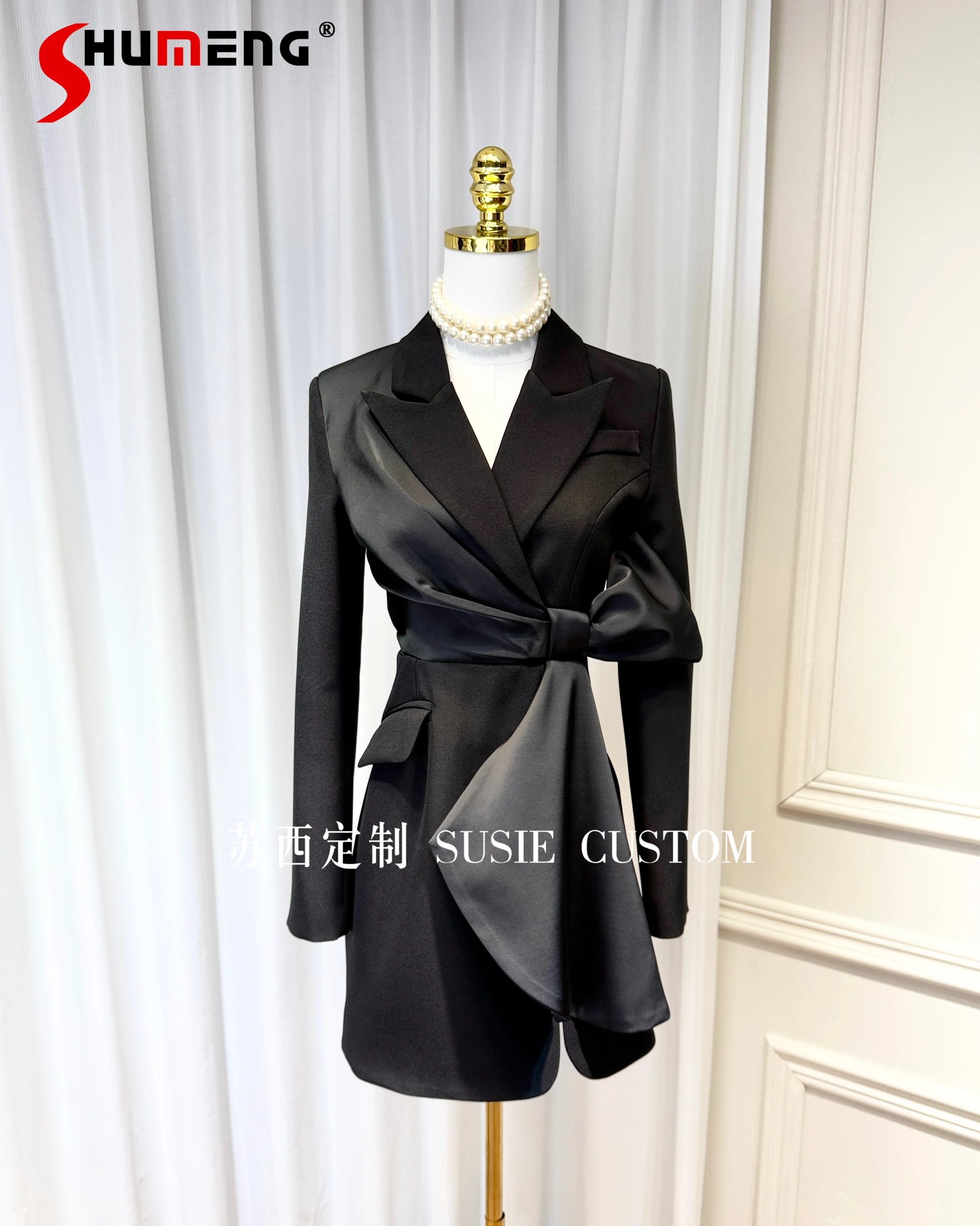 

French Elegant Commuter Satin Splicing Ruffle V-neck Long Sleeve Hollow High Waist Big Bow Slim Black Suit Dress Women Autumn