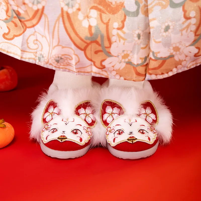 

CY350 2024 Winter New Baby Cloth Shoes Cute New Year National Wind Plus Cashmere Cotton Hanfu Shoe Dragon Year