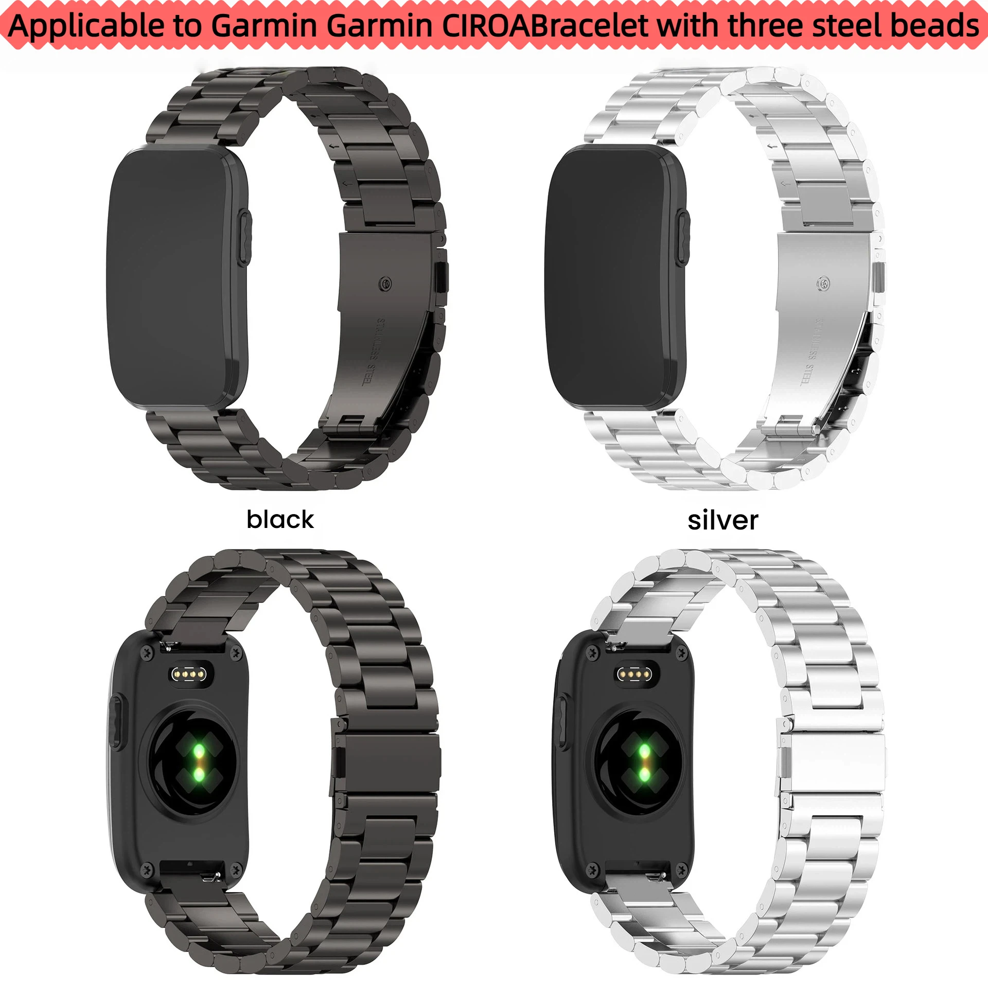Lightweight 14mm Spring‑Bar Three‑Bead Stainless Steel Band for Garmin CIRQA Folding Buckle Smart Watch Replacement Wrist Strap