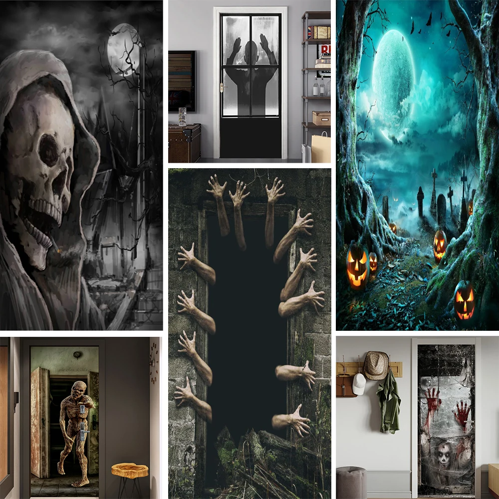 

Halloween Series Horror 3d Door Stickers Home Decoration Horror Witch Mummy Door Pvc Waterproof Mural Posters