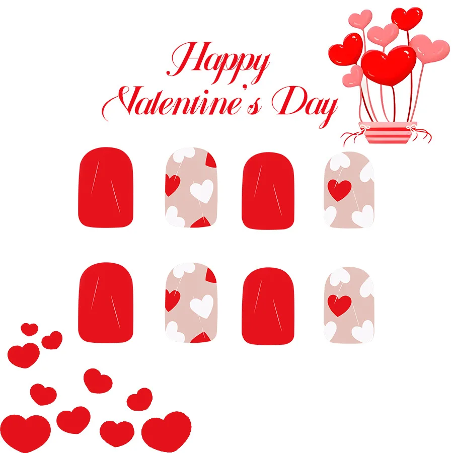 24 szt. Krótkie, kwadratowe, naklejane paznokcie akrylowe z ozdobami, nowość 2026, walentynkowe, czerwono-białe serduszka, słodki zestaw sztucznych paznokci dla dziewczyn.