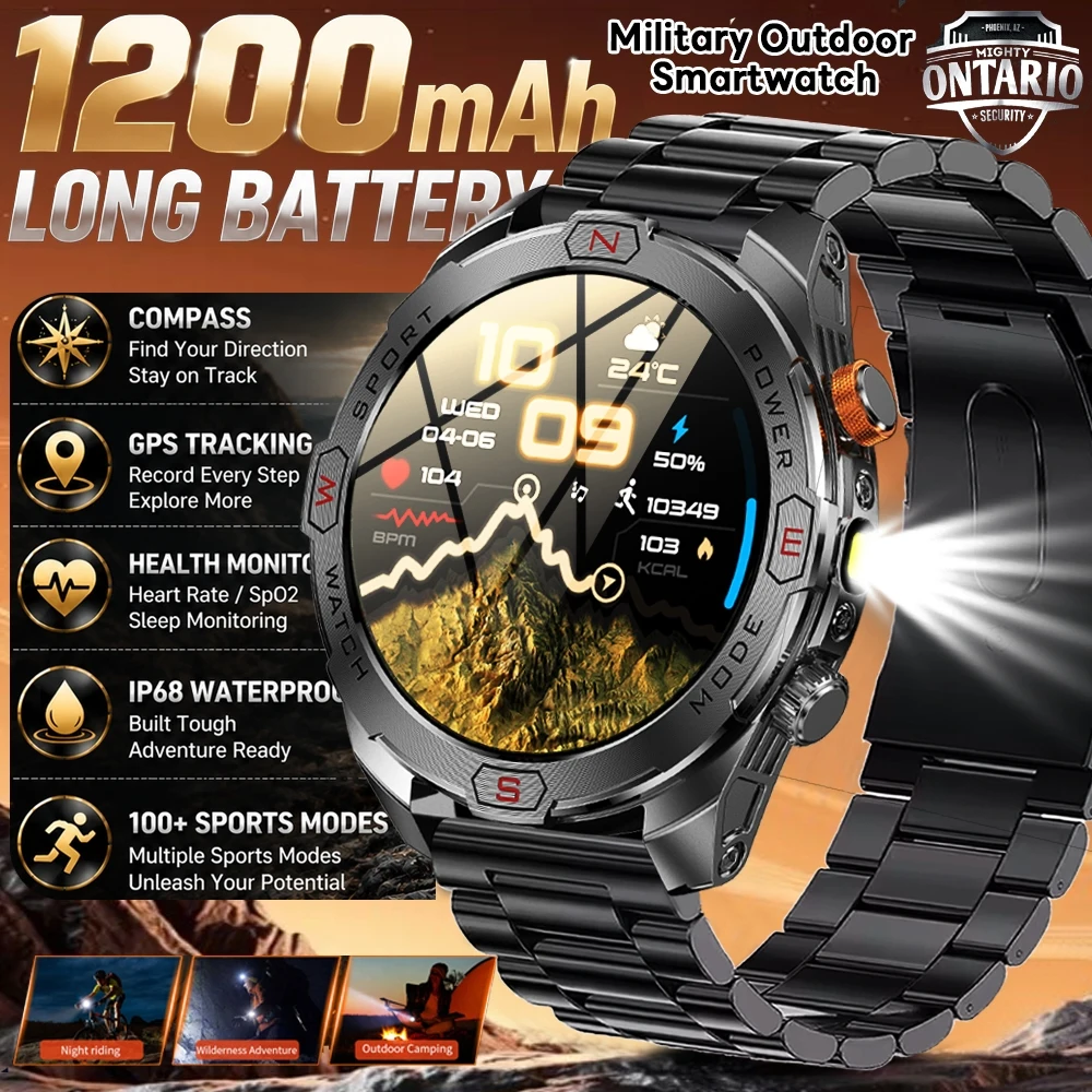 Image of Militärische Smartwatch mit 1200 mAh Akku für Herren, LED-Taschenlampe, Outdoor-Sport, Fitness-Tracker, Kompass, Bluetooth-Anruf