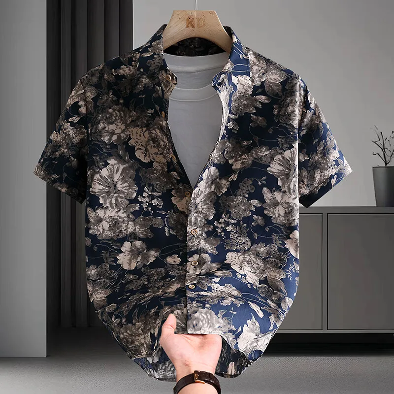 

A trendy new summer high-cotton, comfortable, light luxury, no-iron, multi-color short-sleeved, floral and personalized men's