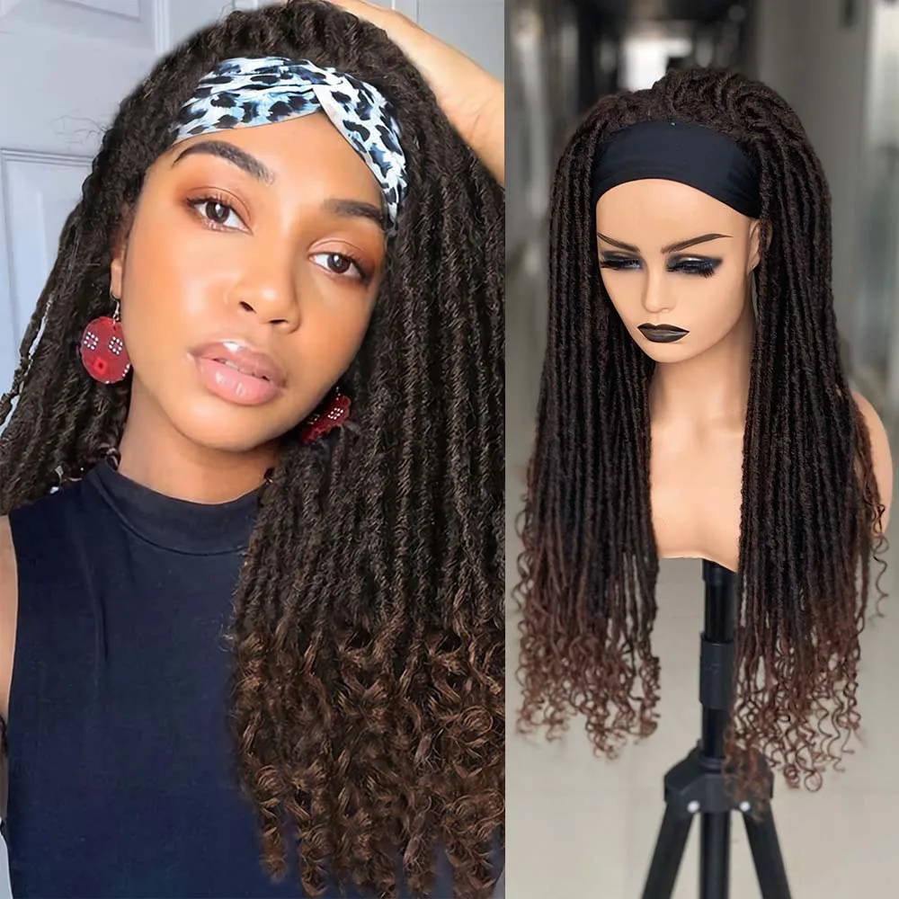 Goddess Locs Headband Wigs For Black Women Ombre Brown Twist Dreadlock Headband Wigs 26 Inch Long Braids Wigs With Curly Ends