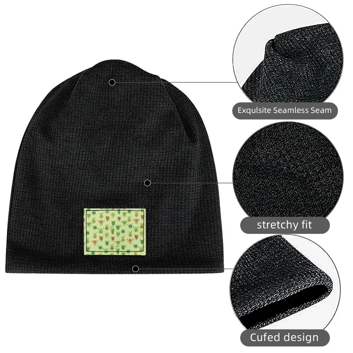 Korok Pattern Waffle Knit Fleece Lined Beanie with PU Leather Patch Unisex Warm Winter Soft Cap