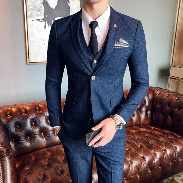 S-6XL ( Blazer + Vest + Pants ) Brand Men\'s Formal Business Suit Three-piece Set Groom Wedding Party Dress Solid Color Plaid