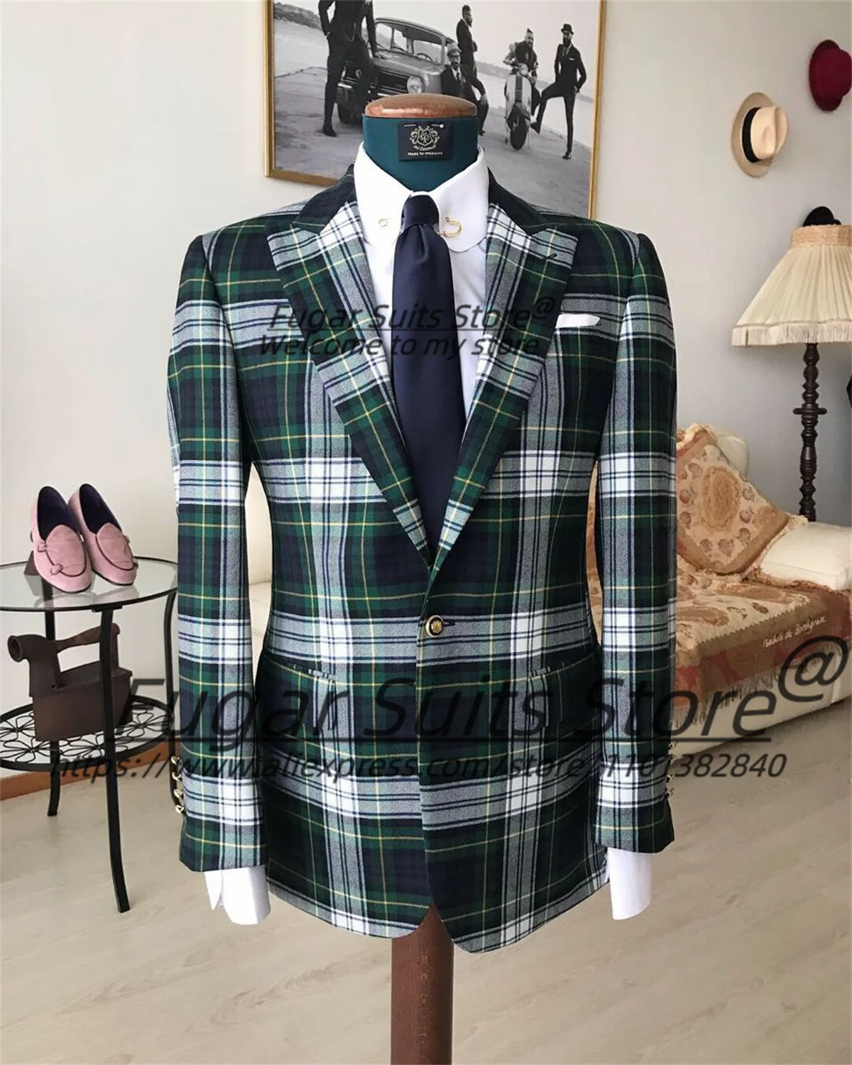 

Formal Plaid Prom Men Suits Customized Slim Fit Peak Lapel Groom Wedding Tuxedos 2 Pieces Sets Male Casual Blazers Ropa Hombre