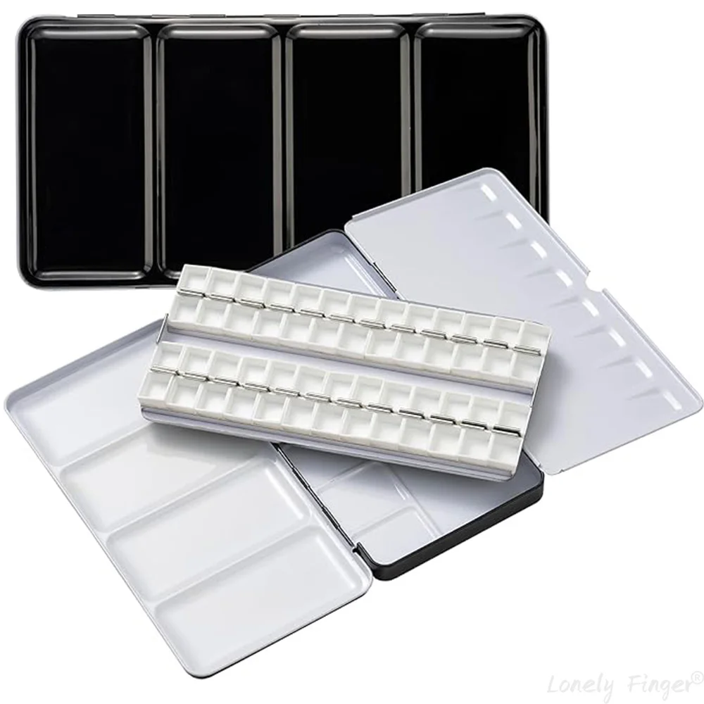 Empty Watercolor Palette, Metal Tin with Fold-Out Palette, Large Watercolor Tray Palette with 52 Empty Watercolor Half Pans