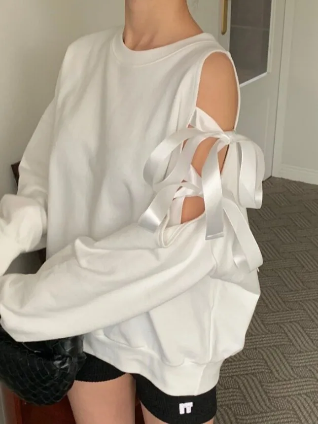 Shoulder Bared Tie Dye Sweatshirt Women's Spring New Loose Design Hollow out Overhead round Neck Korean Style Casual Sweater