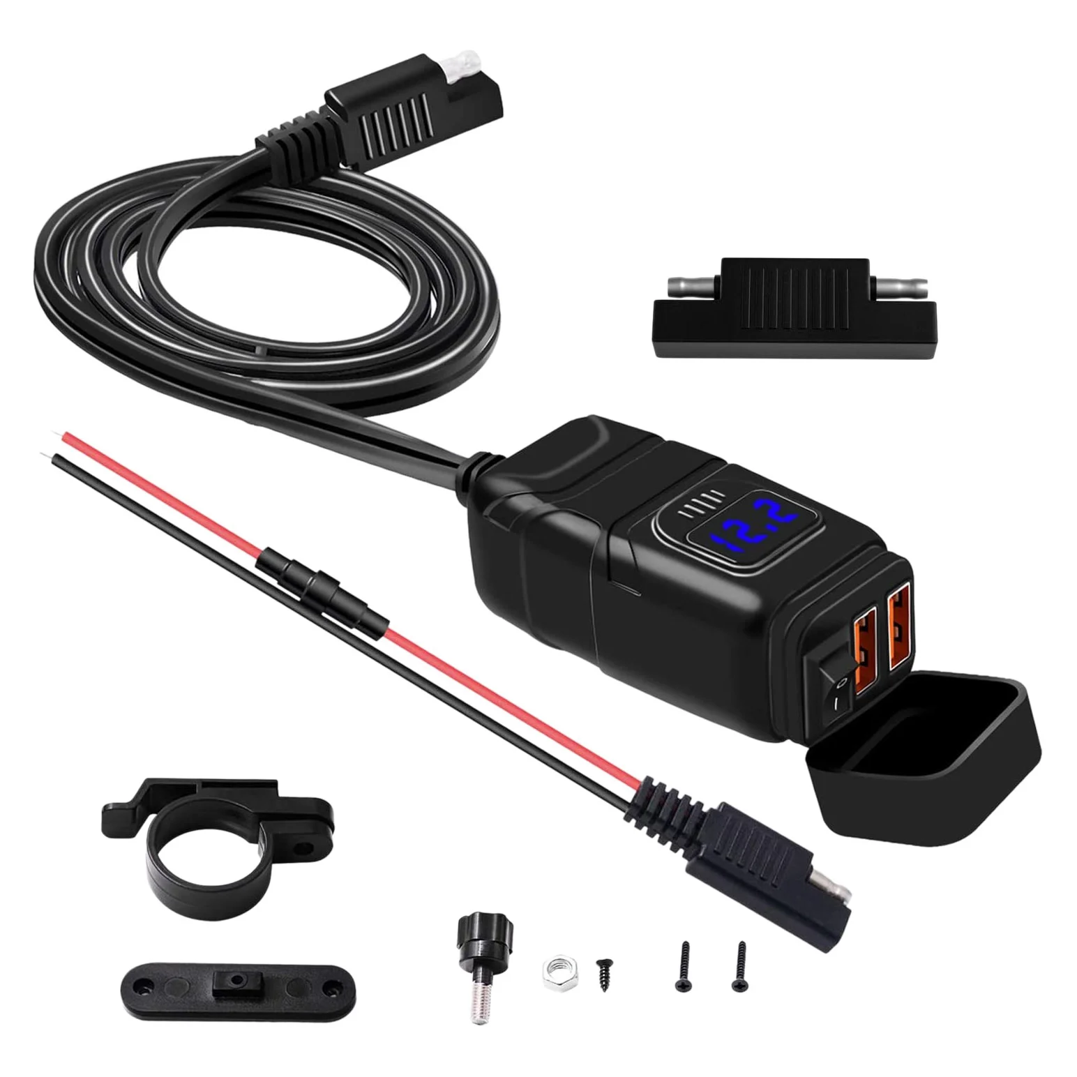 Waterproof Motorcycle Dual USB Fast Charger Port Power Adapter Voltmeter & On/Off ,for Phone Gps Tablet