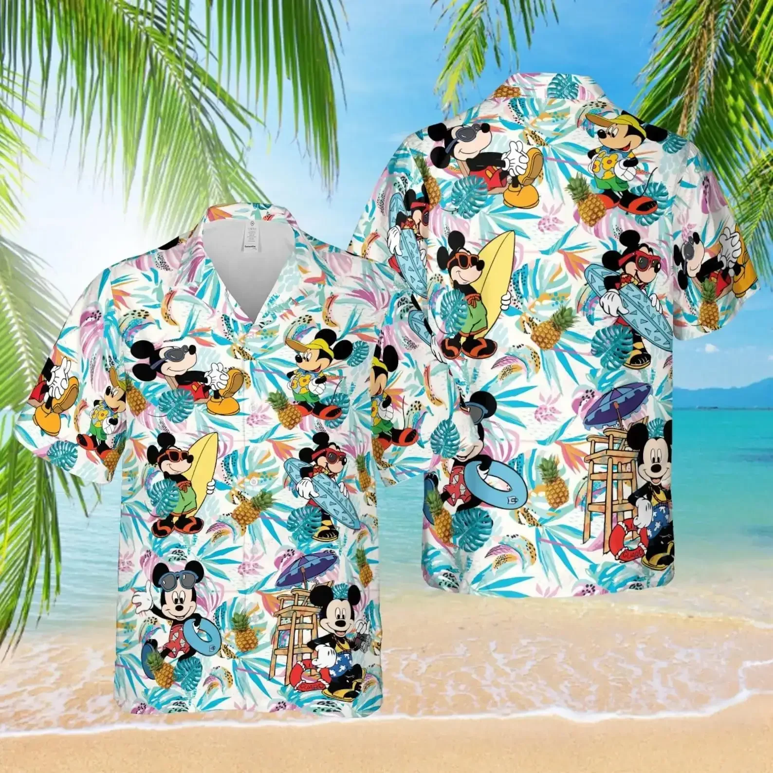 

2025 New Disney Magical Castle Hawaiian Shirt Men's and Women's Short Sleeve Button Mickey Beach