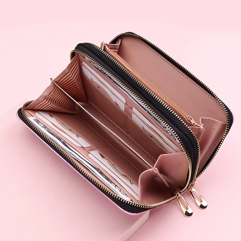 Women Wallets Double Zippers Lady Long Coin Purses Cards Holder Woman Handbags Billfold Wristlet Wallet Clutch Shiny Money Bags