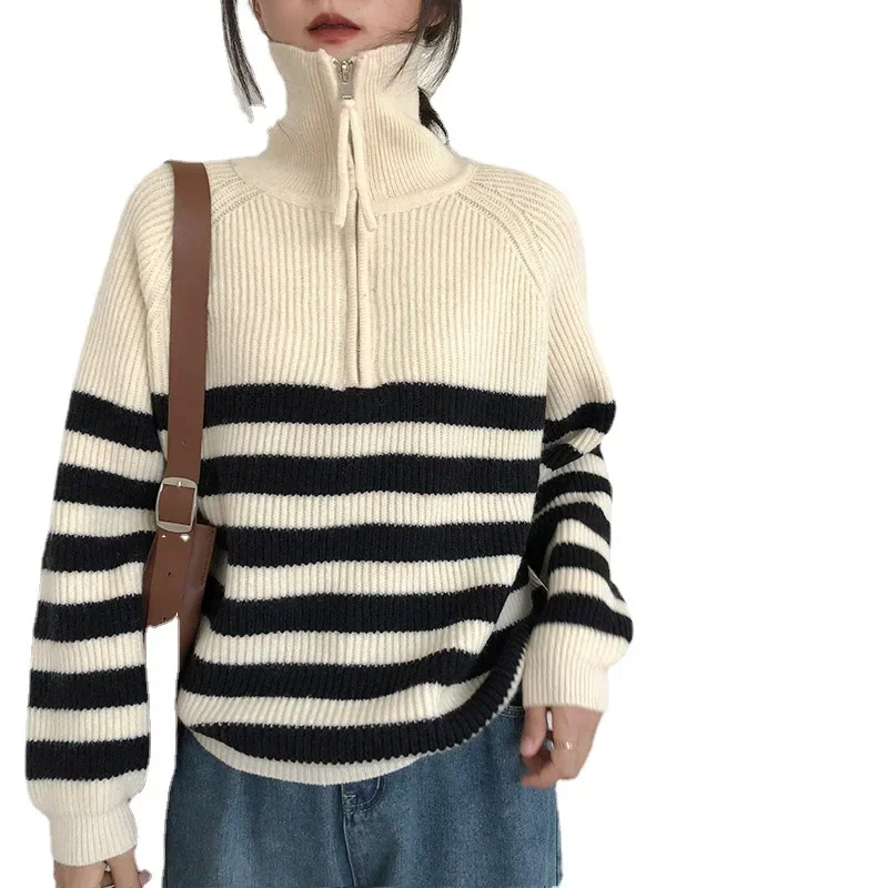 Striped Zipper Kintted Cardigan Women Pullovers Autumn Winter Black Jumpers Crochet Loose Long Sleeve Sweater 2022 Jumper Causal