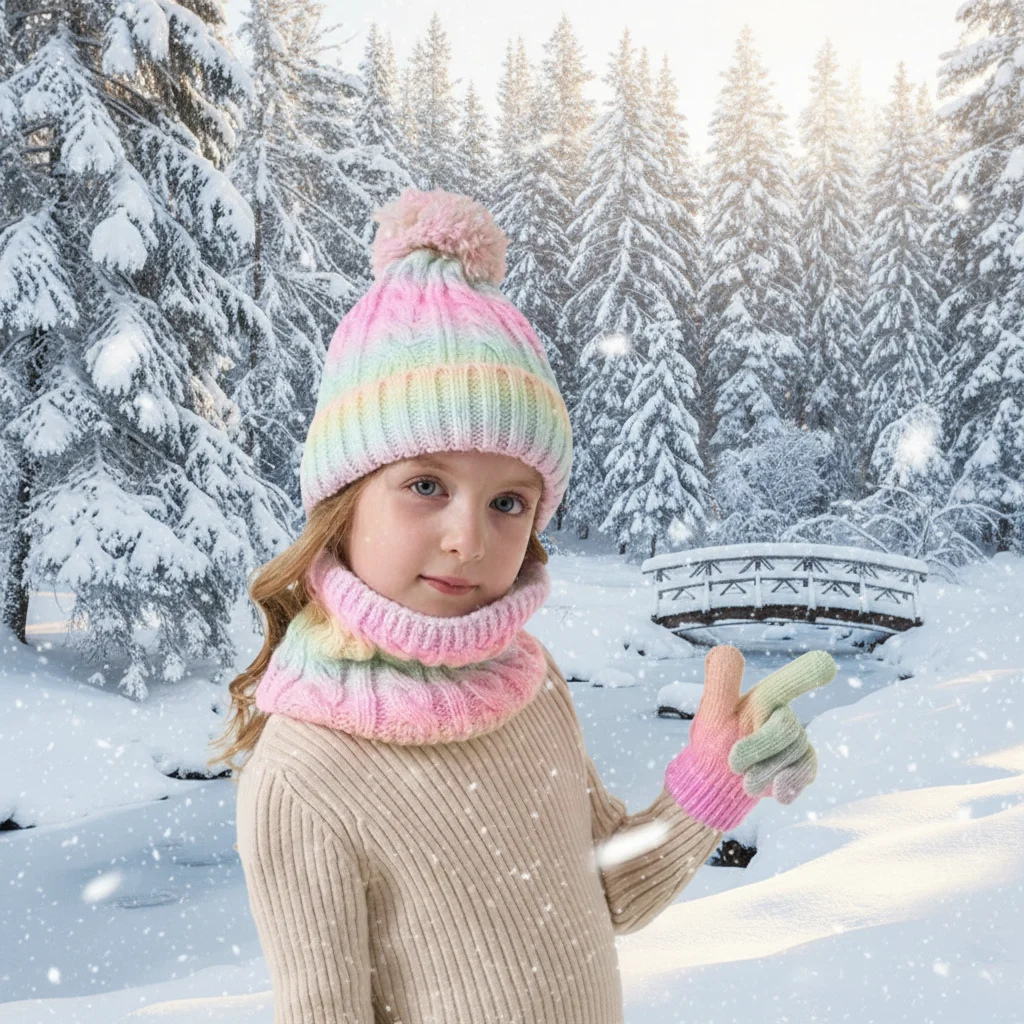 

Fashion Gradient Color Baby Hat Scarf Gloves Set Cute Pompom Warm Ears Toddler Knitted Hat Keep Warm Thickened Hat Set Outdoor