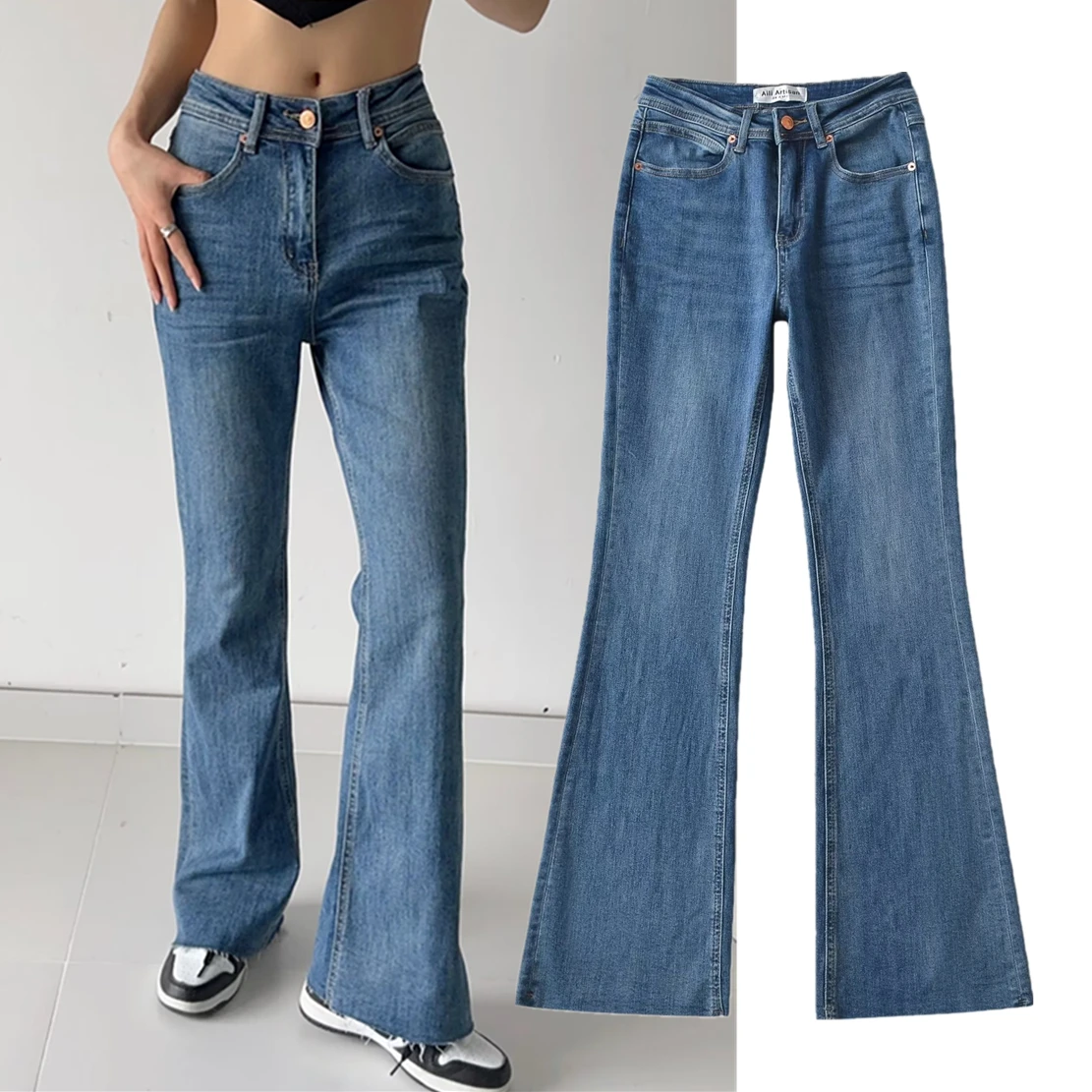 Withered-pantalones vaqueros ajustados elásticos para mujer, Jeans acampanados de alta calidad, cintura alta, azul