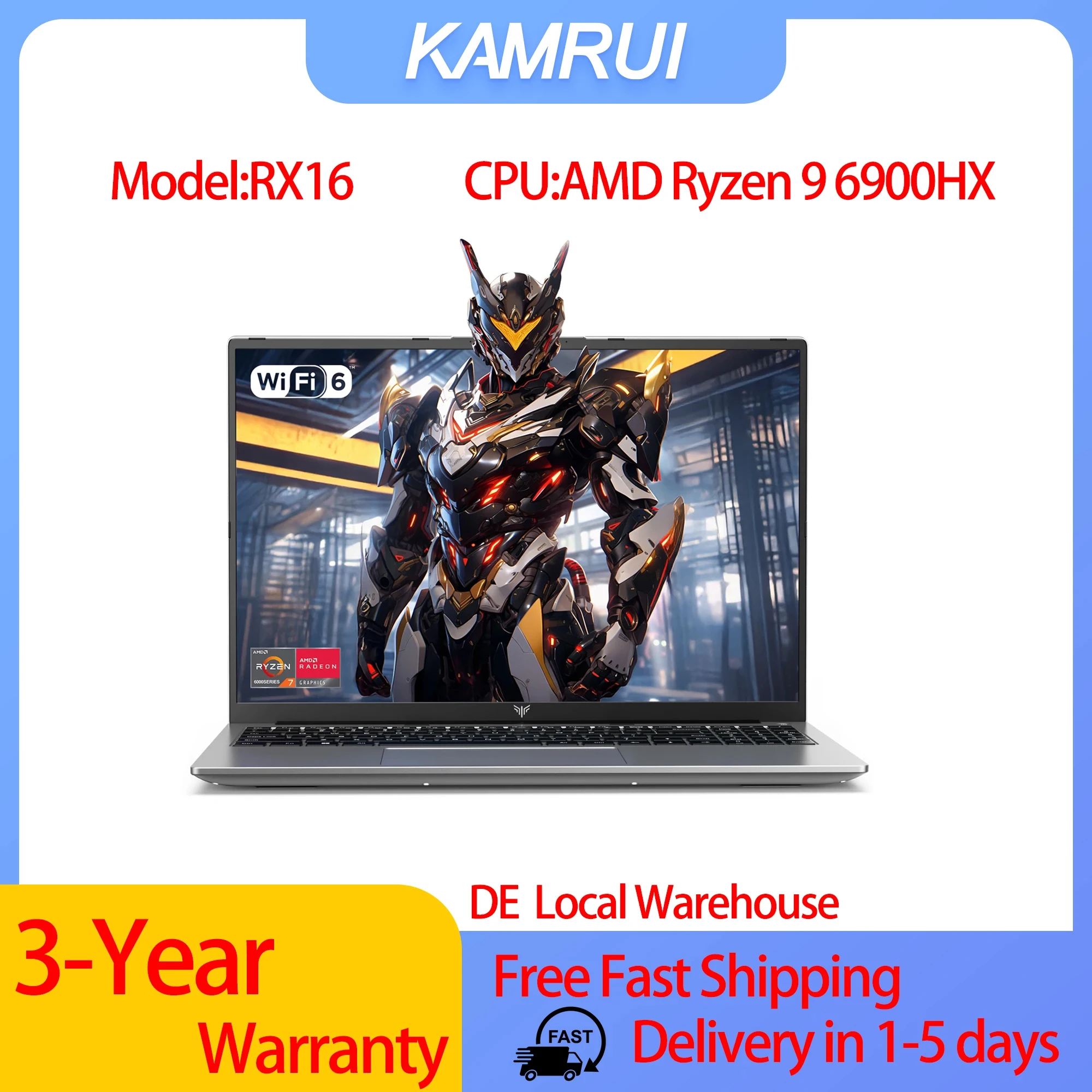 Portátil para Juegos KAMRUI RX16 con Procesador AMD Ryzen 9 6900HX, Pantalla IPS de 16 Pulgadas, 16 GB de RAM LPDDR5, 512 GB de SSD, Windows 11