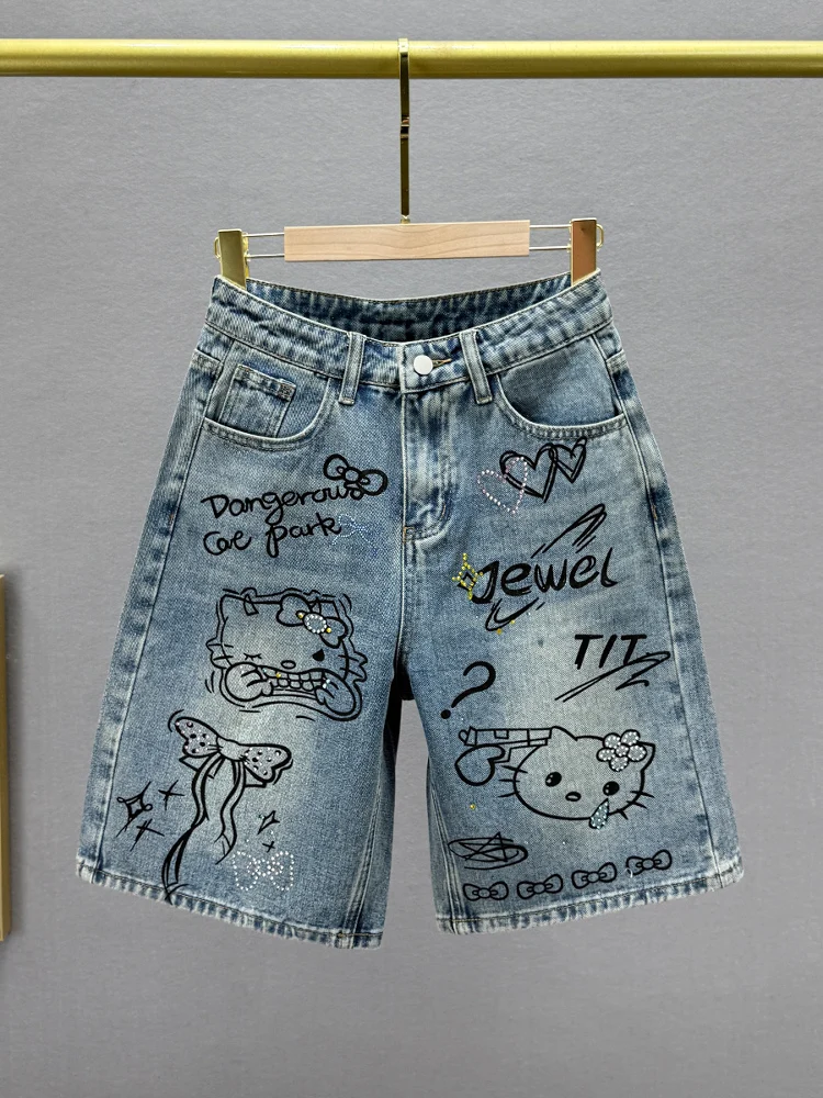 

Джинсы с высокой талией для женщин, украшенные стразами, летние, новые, свободного кроя, утягивающие, длиной до колена, прямые.