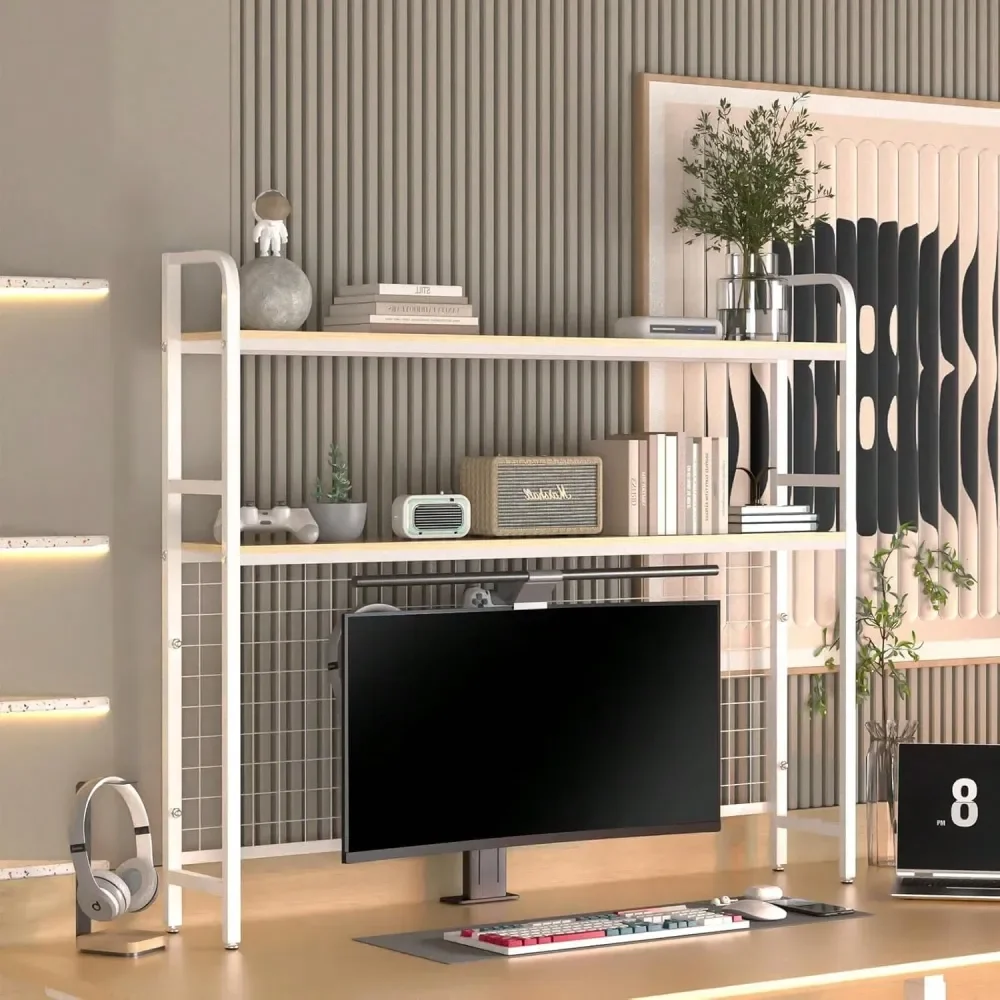 

Bookshelf For Desk,2Tier Desktop Bookshelf Metal Desktop Bookshelf Organizer,Desk Book Organizer With 3 Hooks DIY Storage Mesh,