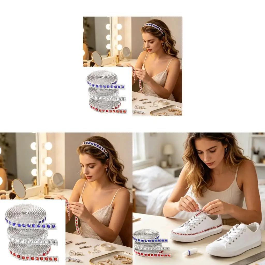 62KD Red White Blue Patriotics Rhinestones Ribbon Rolls, Adhesive Crystal Trim for Gift Wrap, Invitation, Independance Day Party