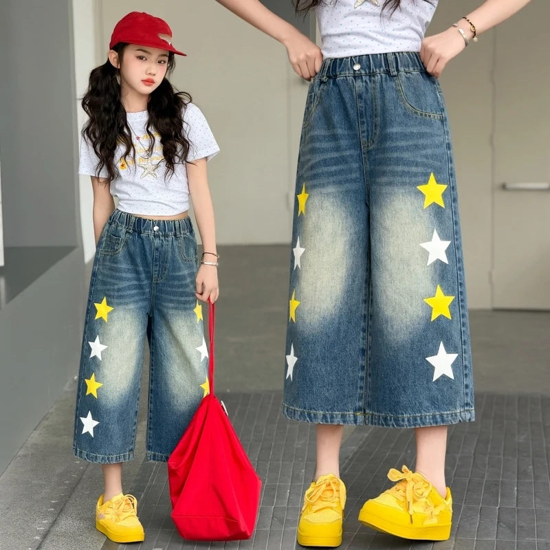 

Girls Summer Star Print Wide-Leg Cropped Denim Pants, Elastic Waist Casual Jeans 5-14Y