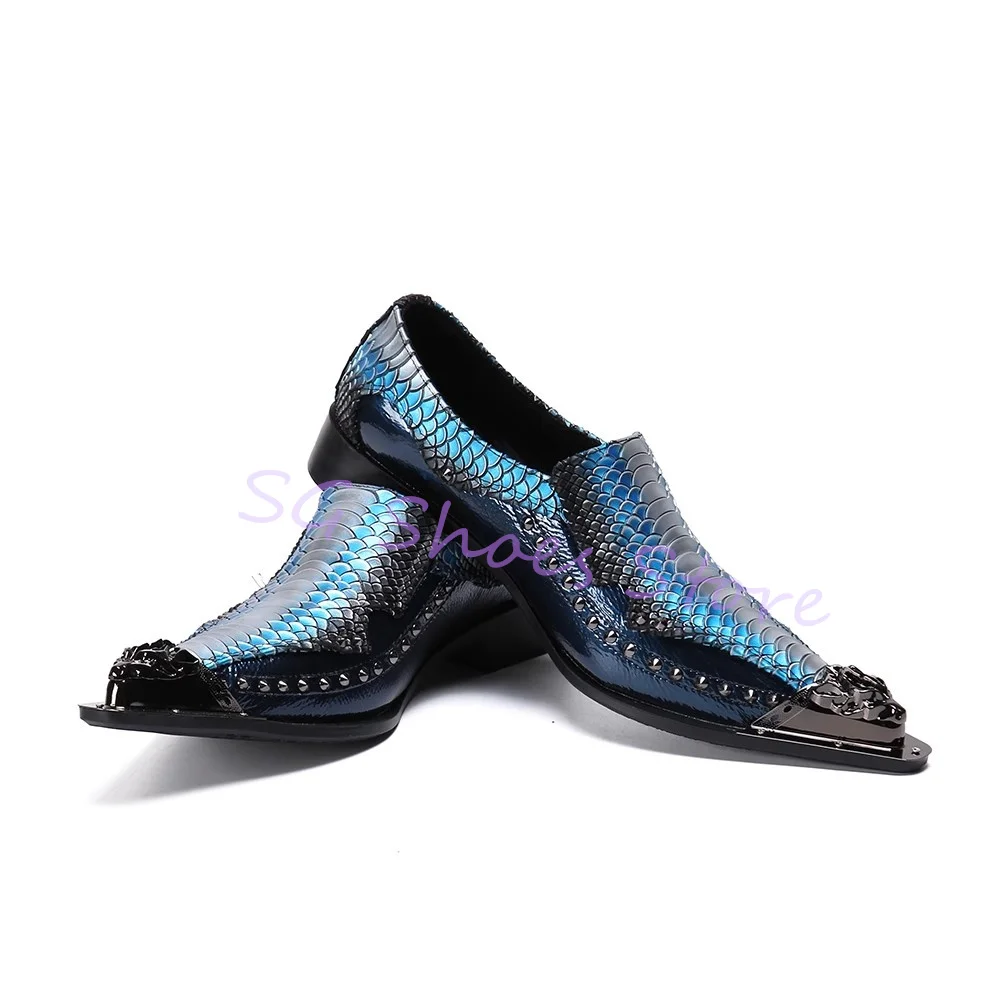 Retro Rivet Mixed Color Snakeskin Pattern Loafers for Men Metal Pointed Toe Splicing Leather Shoes Male Shallow Leisure Shoes