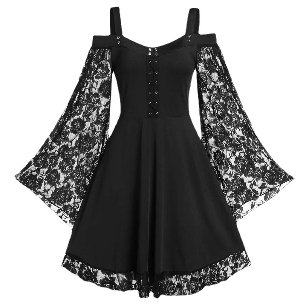 

Medieval Accessories Women Gothic Dress Halloween Costumes Shoulder Lace Bell Sleeve Lady Blouse Party Vintage Bandage Dresses