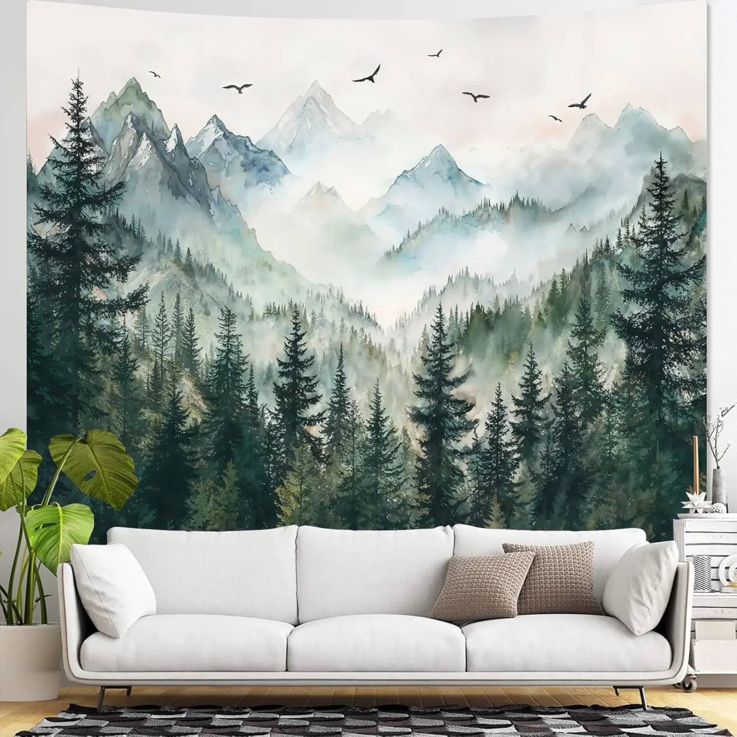 Misty Forest Mountain Tapestry Sage Green Nature Pine Tree Tapestry for Bedroom Aesthetic Watercolor Foggy Woodlands Birds
