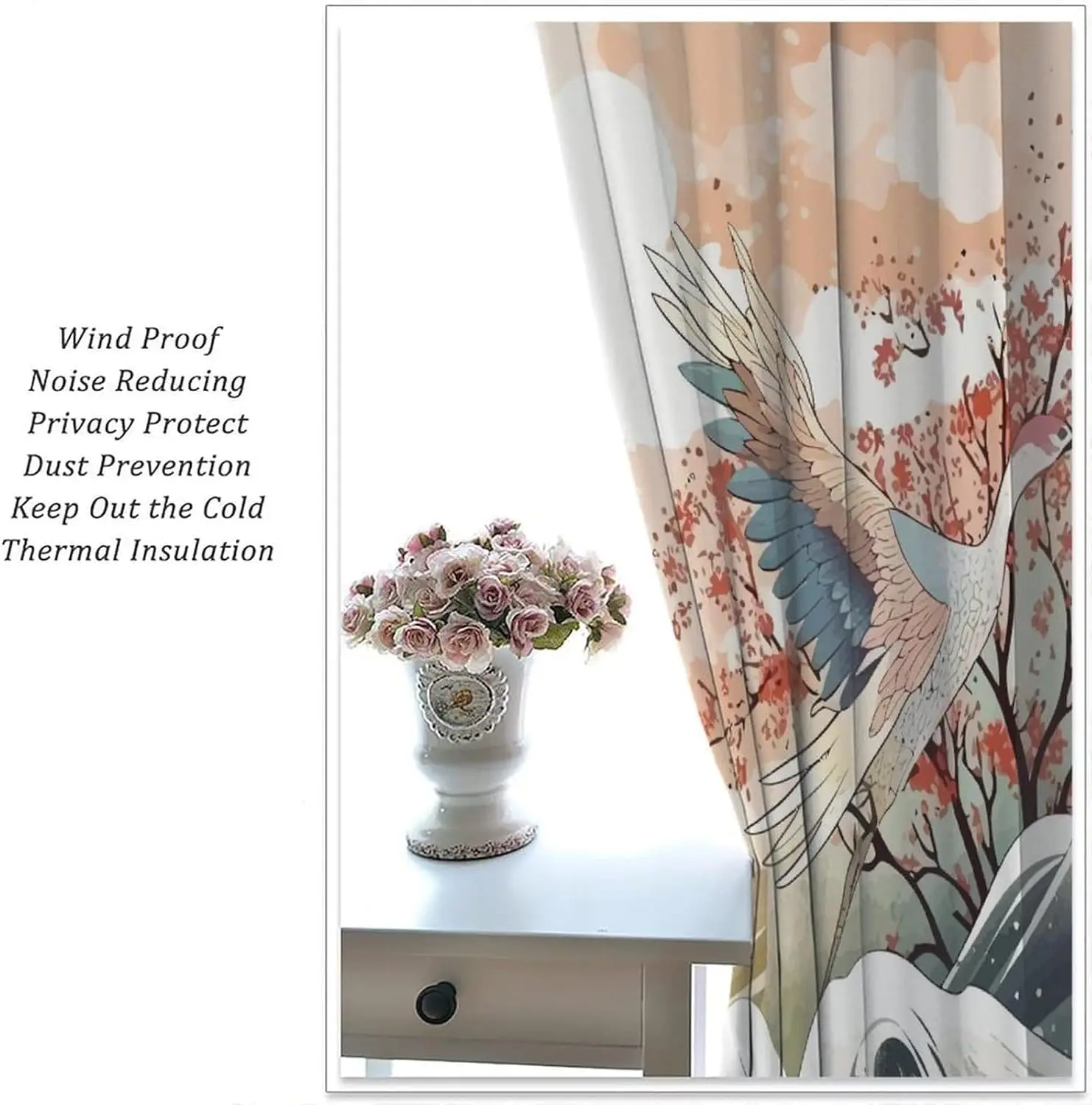 Oriental Crane Curtain Flying Red-Crowned Crane Sea Wave Cherry Ukiyo Print Country Light Blocking Drape Villa Dorm Resort Farm