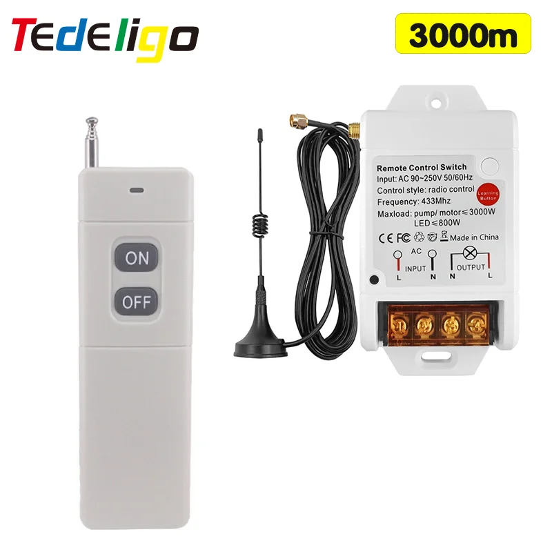 Mando a distancia RF433 MHz, 3000m, 30A, 220V, CA, interruptor de bomba de agua, Control remoto inalámbrico RF, receptor de Radio, 1KM, 3KM, 5KM