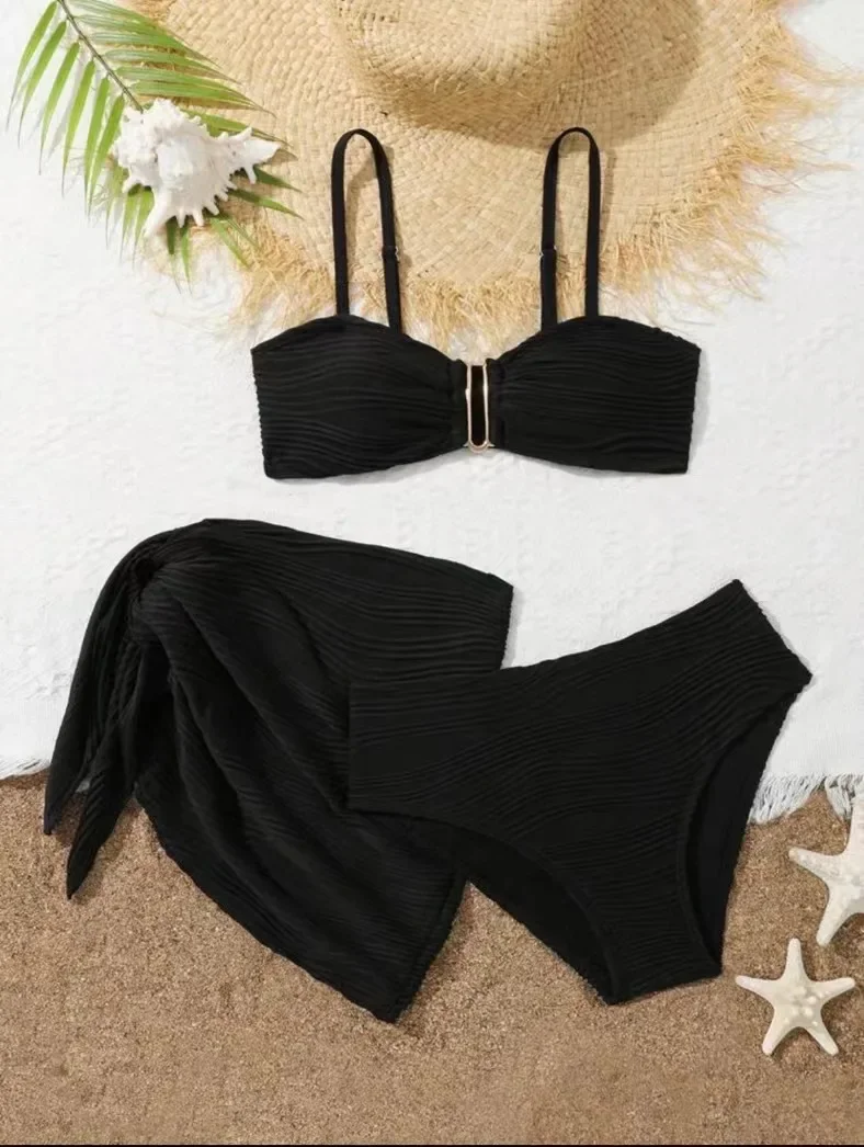 Sexy Metal Decoration Ribbed Bikinis Sets Three Pieces with Cover Skirt Solid Swimsuit Bathing Suit Beach Outfits Biquini Bakini
