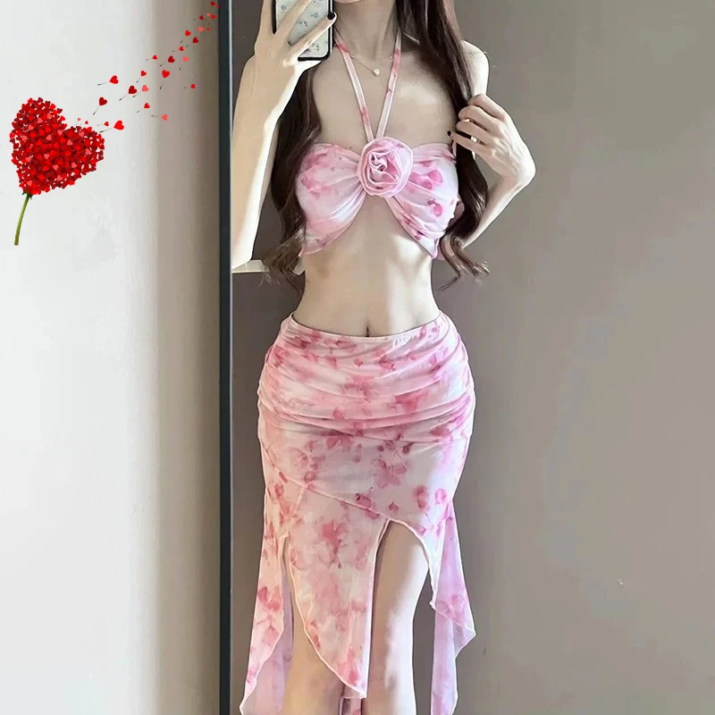 

Women's Long Dress Bikini Halter Neck Swimsuit with Removable Pads Beach Cover Up Flowy Swimsuit for Vacation Body Shaping