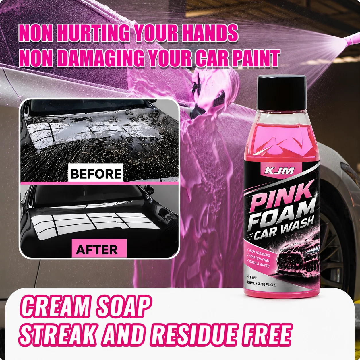 LJM Pink Snow Foam Car Wash Soap 100ML 1:100 Concentrated Lubricating Fast Dry Auto Detailing Shampoo