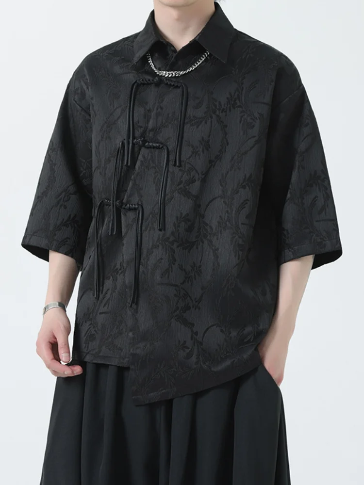 

New Chinese Style Men's Short Sleeve Shirt Jacket Snake Buckle Five Sleeve Summer Fashionable Hanfu Tang Costume Casual Shirt
