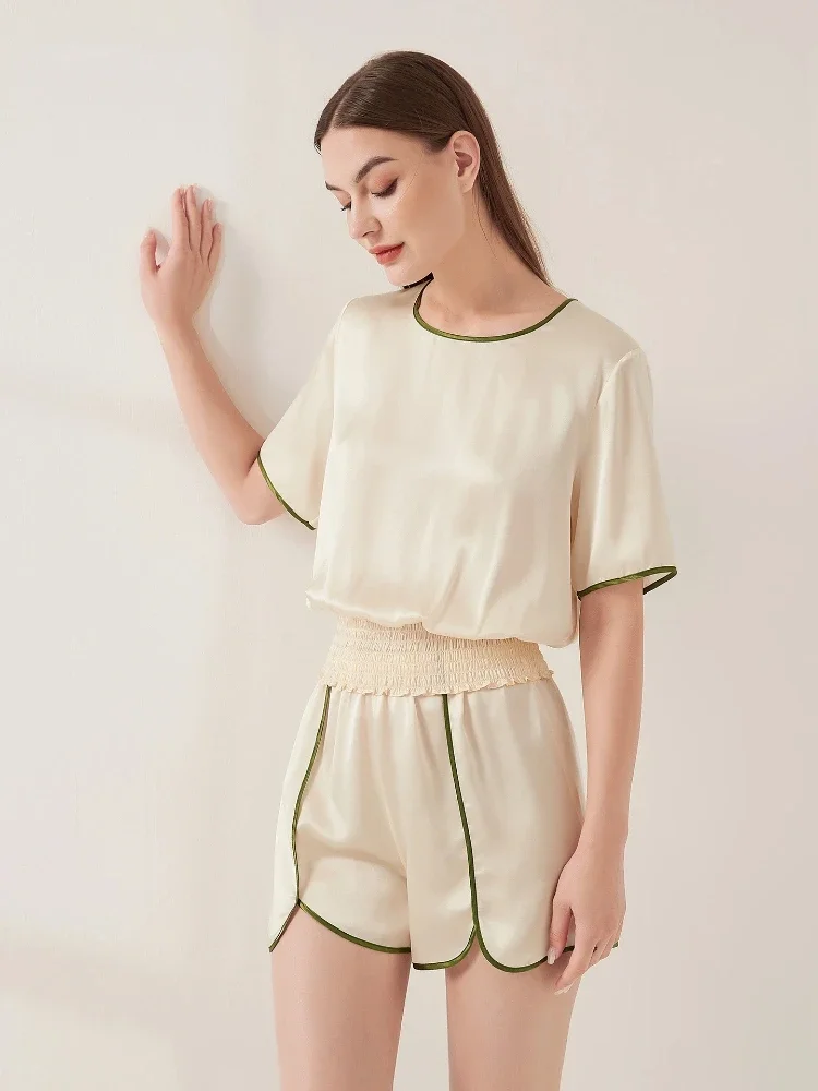 Heavy Mulberry Silk Short Sleeve Shorts 2-Piece Pajama Set Contrast Color Round Neck Women's Leisure Sleepwear PJ Summer Pajamas