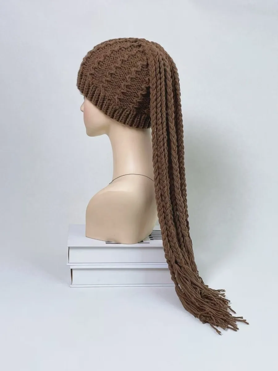 African Wig Hair Extensions Braided Knit Hat for Women Bohemian Braided Yarn Hat Ethnic Style Long Tassel Knit Hat